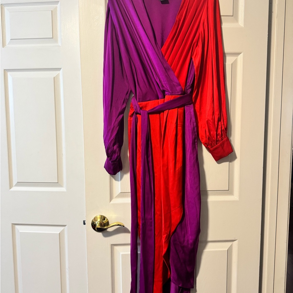 Vibrant Purple and Red Wrap Dress with waist tie
